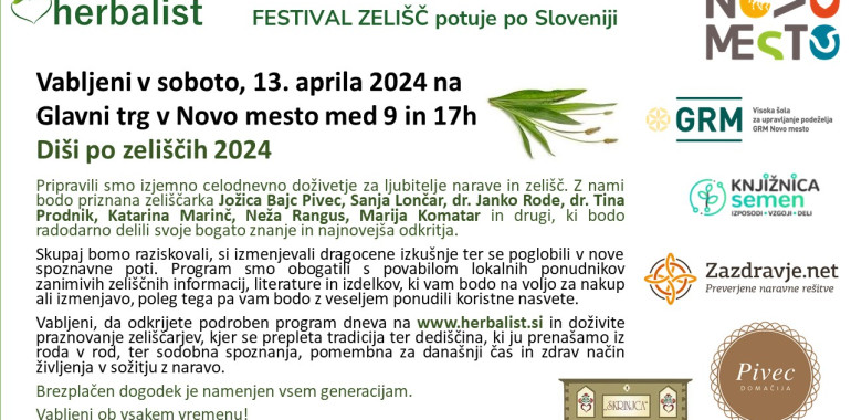 Brezplačen Festival zelišč 13. aprila 2024 v Novem mestu